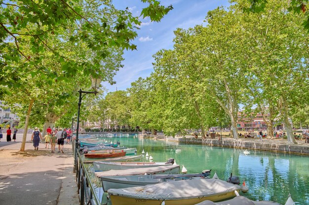 The medieval city of Annecy July 2019 France Annecy France July 17 2019 Houses and street life in the famous medieval part of the city of Annecy Department of Upper Savoy France