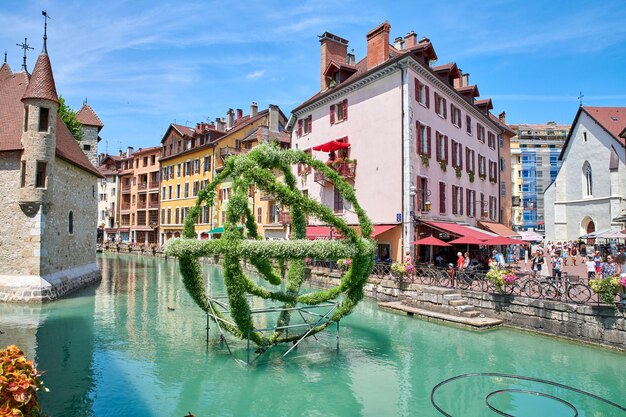 The medieval city of Annecy July 2019 France Annecy France July 17 2019 Houses and street life in the famous medieval part of the city of Annecy Department of Upper Savoy France