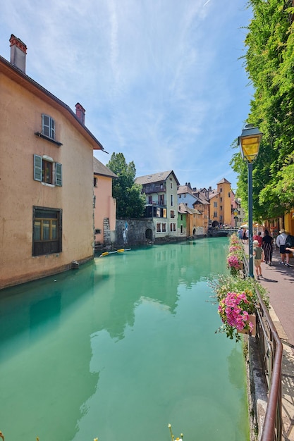 The medieval city of Annecy July 2019 France Annecy France July 17 2019 Houses and street life in the famous medieval part of the city of Annecy Department of Upper Savoy France