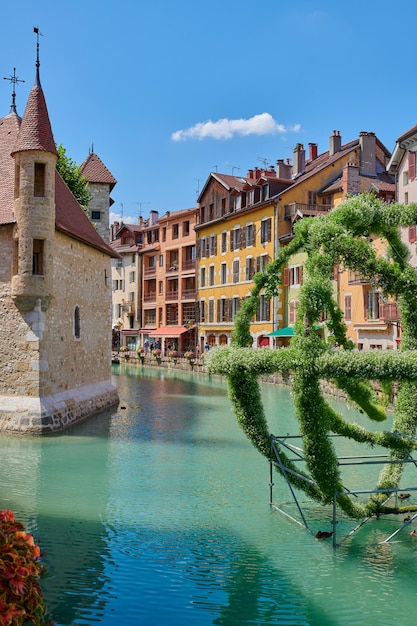 The medieval city of Annecy July 2019 France Annecy France July 17 2019 Houses and street life in the famous medieval part of the city of Annecy Department of Upper Savoy France