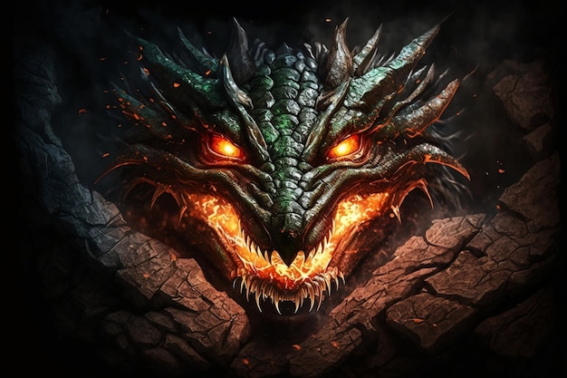 Medieval Dragon Concept Art in Gothic Style Glowing Green Eyes and Fiery Flames in a Dark Cave AI