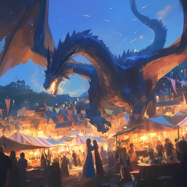 中世のフェアドラゴンはファンタジーワールドで人々の間をさまよっている