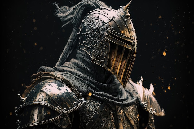 Medieval fantasy armor and helmet of walking knight on dark background