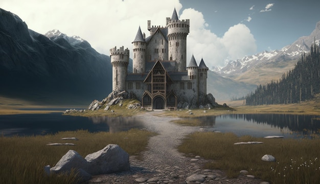 Medieval fantasy castle landscape digital illustration