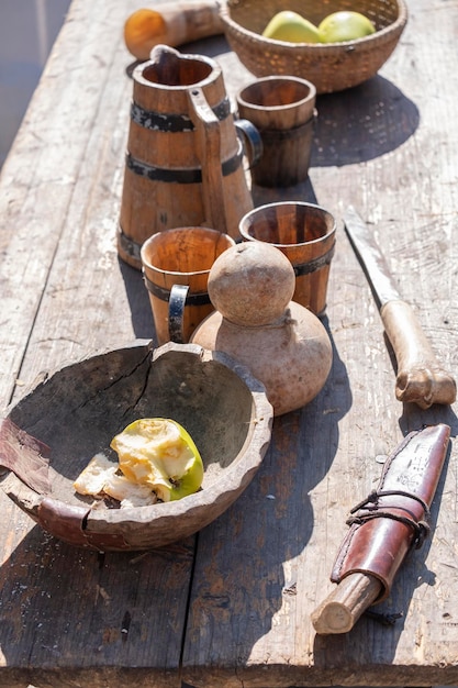 Medieval festival show historical performance Weapons armor utensils and objects of medieval life