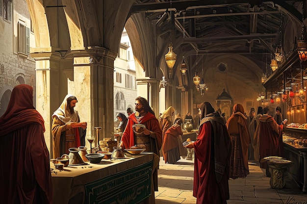 Medieval Florentine Banking Scene Illustration