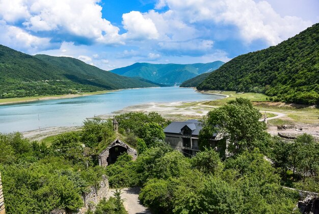 The medieval fortress of Ananuri and the Zhinvali reservoir in the Caucasus mountains Georgia 2019