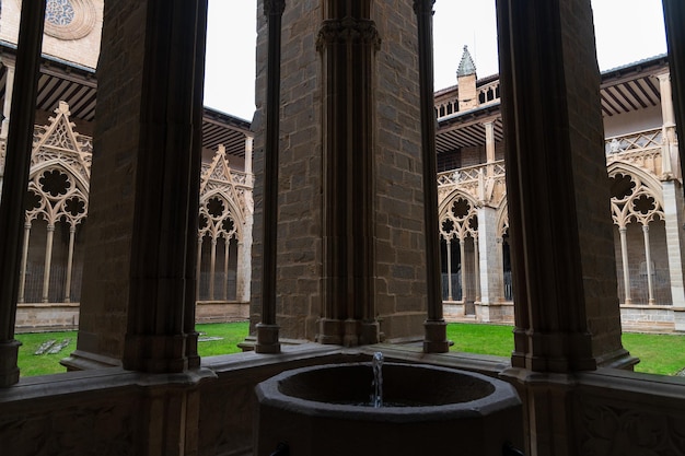 Medieval fountain in the Gothic cloister of the cathedral of Pamplona Navarra Spain