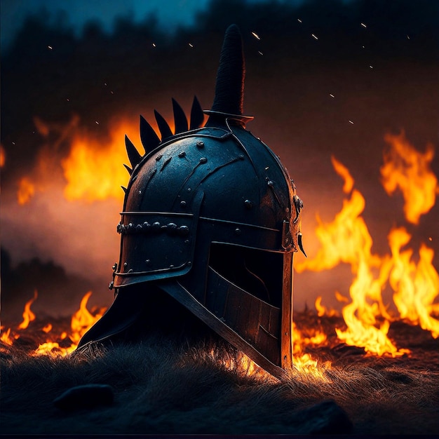 Photo medieval helmet on the burning battlefield