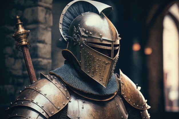 Medieval helmet warrior with sword and armor walking knight