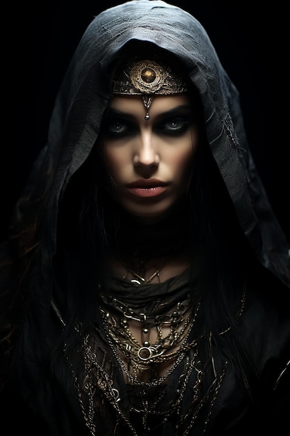 medieval hooded Veiled fashion girl dark fashion horror masked witch Attractive hot Face Details