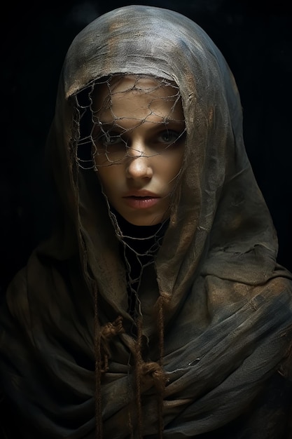 medieval hooded Veiled fashion girl dark fashion horror masked witch Attractive hot Face Details