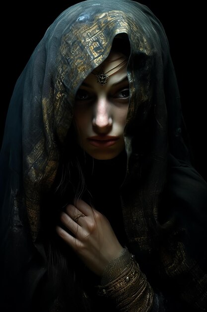 medieval hooded Veiled fashion girl dark fashion horror masked witch Attractive hot Face Details