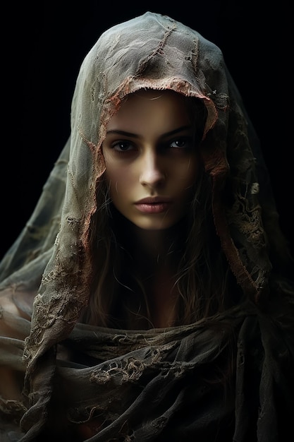 medieval hooded Veiled fashion girl dark fashion horror masked witch Attractive hot Face Details