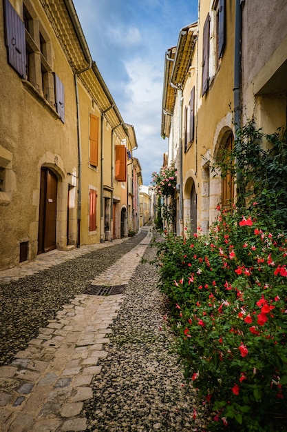 Medieval houses and cobblestone street in the village of Rochemaure, in the South of France, Ardeche