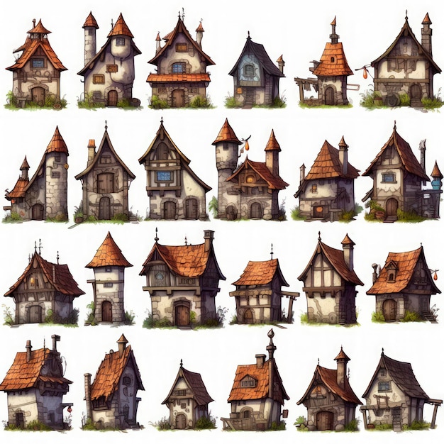 Лист спрайтов средневековых домов в стиле Don't Starve на белом фоне Генеративный AI