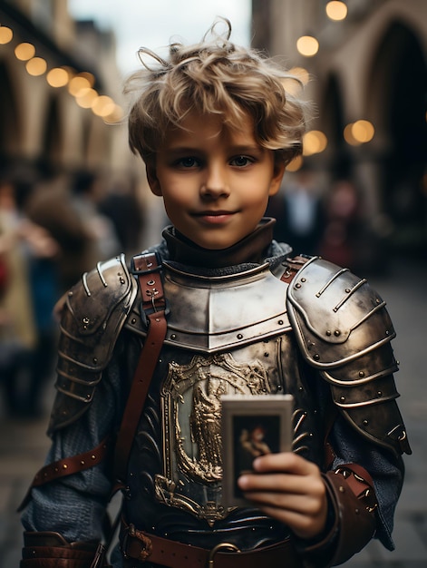 Photo a medieval kid dressed as a knight holdi business card with creative photoshoot design