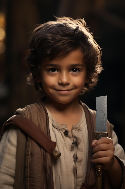 A Medieval Kid Playing With a Wooden Swo Business Card With Creative Photoshoot Design