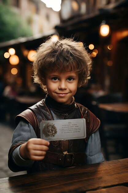 Photo a medieval kid playing with a wooden swo business card with creative photoshoot design