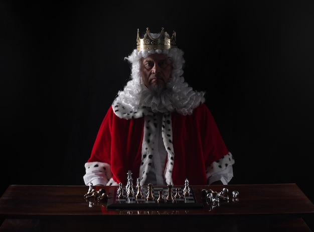 medieval king playing chess, black studio background