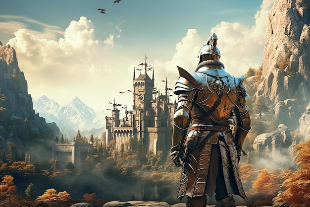 Photo medieval knight in armor against the backdrop of a fantasy castle ai generated