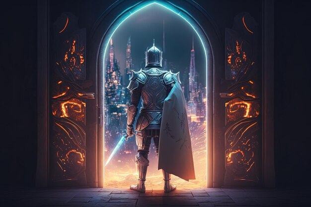 Medieval knight in armor in front of mystical portal Generative AI