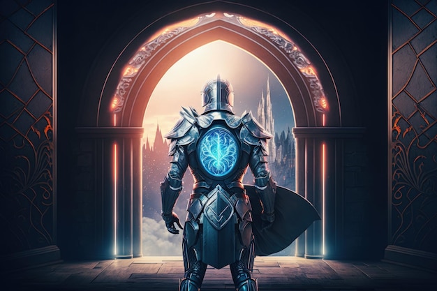 神秘的なポータル生成 AI の前に鎧を着た中世の騎士