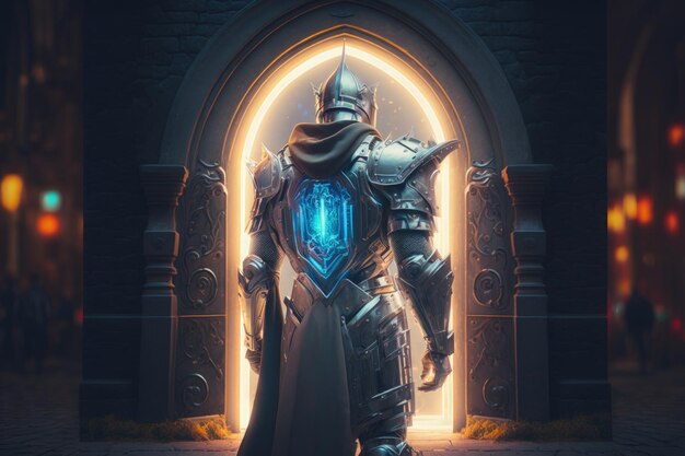 Medieval knight in armor in front of mystical portal Generative AI