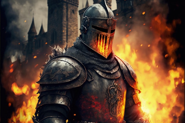 Medieval knight in armor guarding the castle burning castle in the background Generative AI