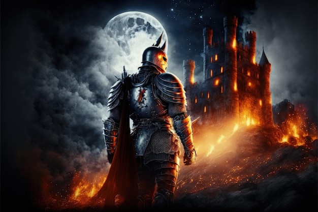 Medieval knight in armor guarding the castle burning castle in the background Generative AI