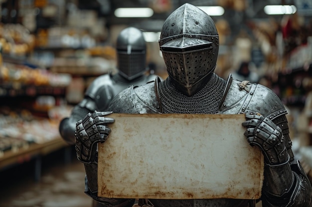 A medieval knight in armor holds an ancient lettering sheet in his hands against the background of the store Prepared for your text