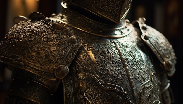 Фото Средневековый рыцарский доспех, щит и меч, созданные ии