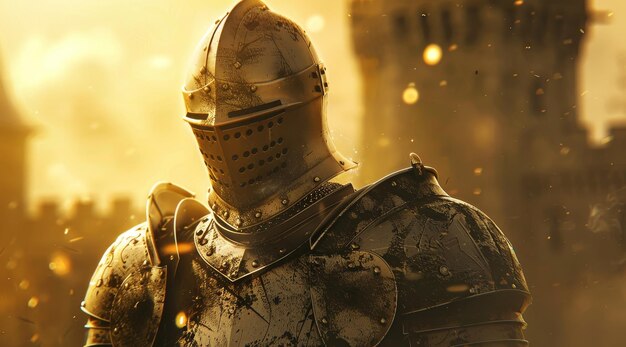 Photo medieval knight in armor standing in a golden sunset