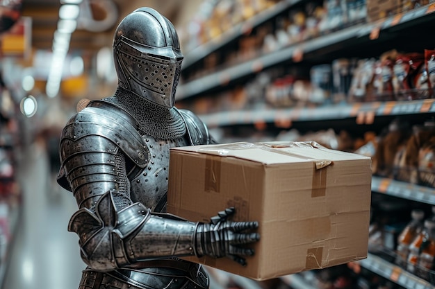 A medieval knight in armor stands with a cardboard box in a store