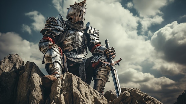 Medieval knight in decorated steel armor with a swore