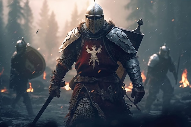 Средневековый рыцарь демонстрирует свою доблесть на поле боя