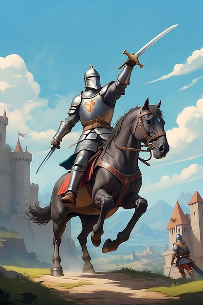 A Medieval Knight with His Sword Leapt into the Fight Against the Giant Digital Art Style Illustration Painting