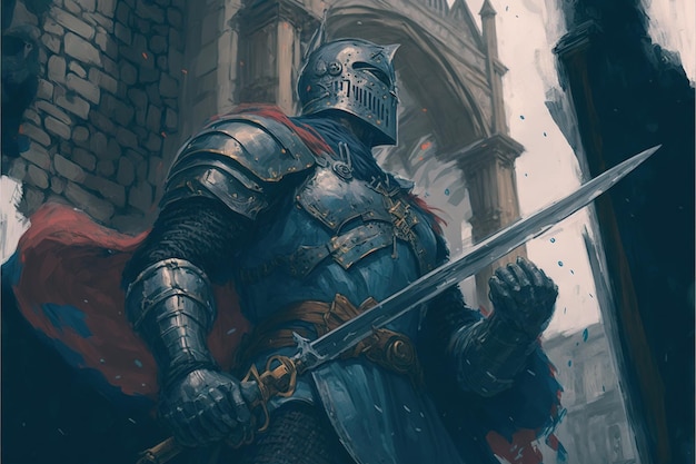 A medieval knight with his sword leapt into the fight against the giant digital art style illustration painting