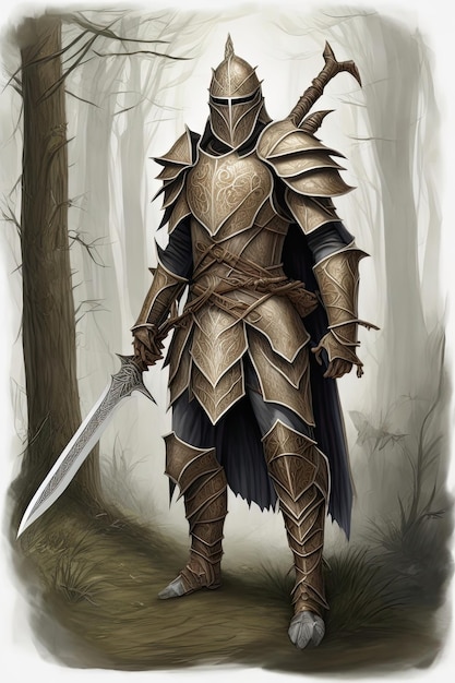 Medieval knight with sword and shield in the forest Digital illustration