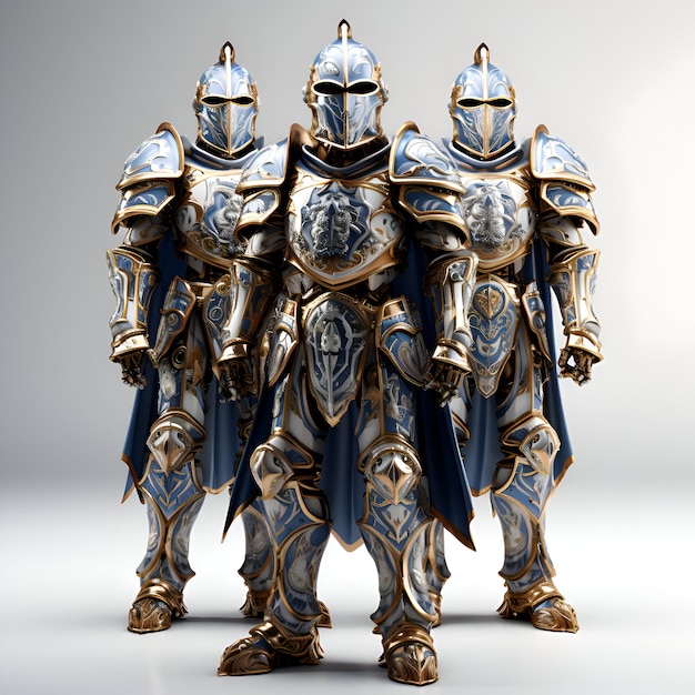 Medieval knights in armor on a gray background 3d illustration