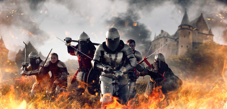Photo medieval knights in armor and helmets with swords and axes on battle field, great combat. armored ancient warriors against the castle