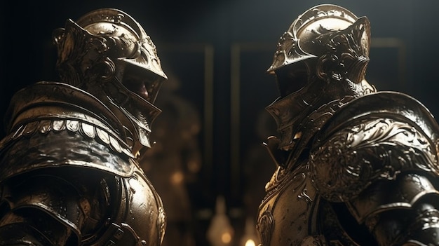 Medieval knights in armor standing close to each other on dark background