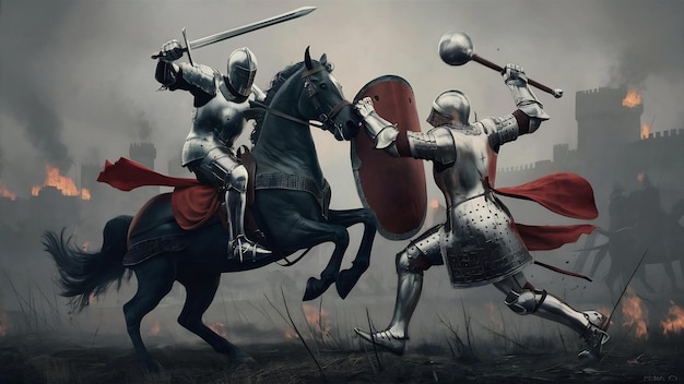 Foto i cavalieri medievali combattono un grande combattimento.