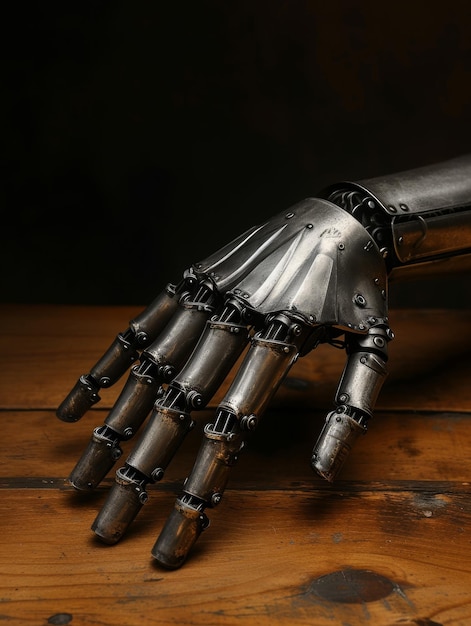 Medieval knights gauntlet on wooden table