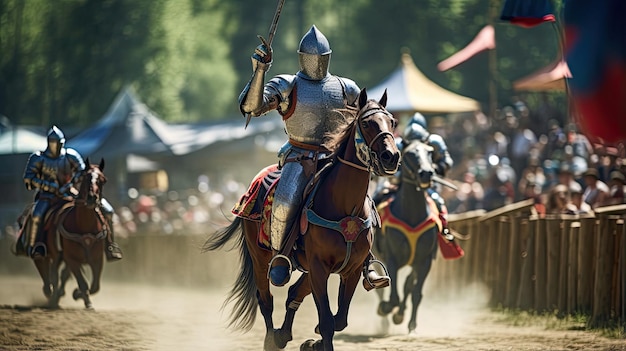 壮大なトーナメントで馬上槍試合を繰り広げる中世の騎士