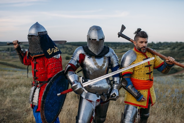 Medieval knights with swords and axe poses in armour, great fighter. armored ancient warriors in armor posing in the field