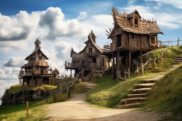 Medieval landscape with old wooden houses fantasy and history Generative AI