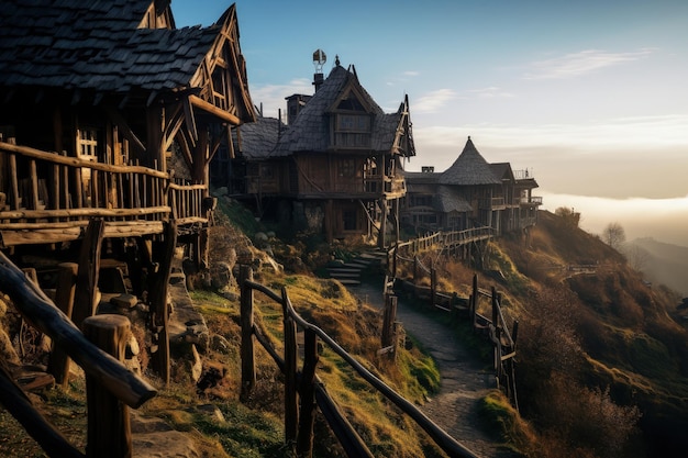 Medieval landscape with old wooden houses fantasy and history Generative AI