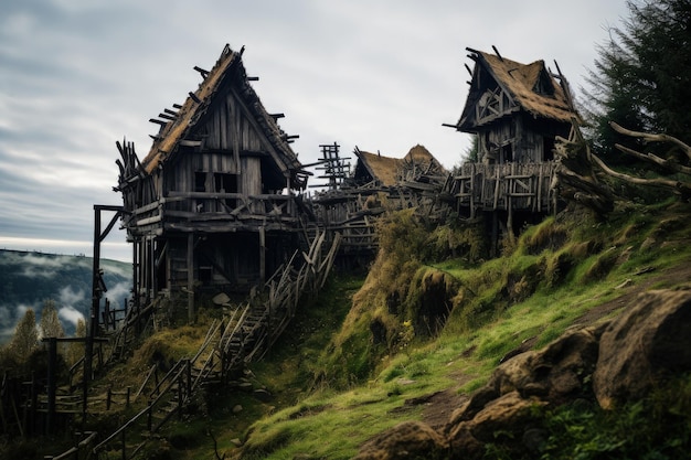 Средневековый пейзаж со старыми деревянными домами фантазия и история Генеративный ИИ