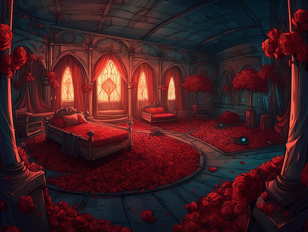 Средневековый салон розы красное освещение средневековая фантазия широкие обои AI Generated Image